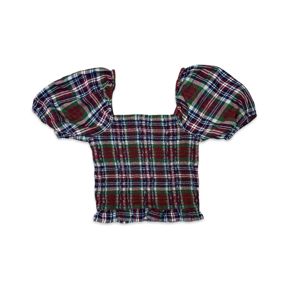 American Eagle Plaid Flannel Smocked Off the Shoulder Peasant Top